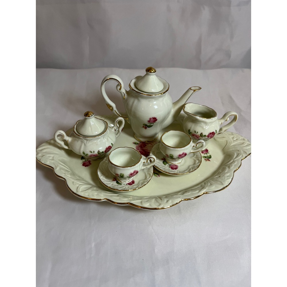 Vintage Miniature Porcelain Tea Set 10 Piece Pink Rose Gold Trim with Tray Box